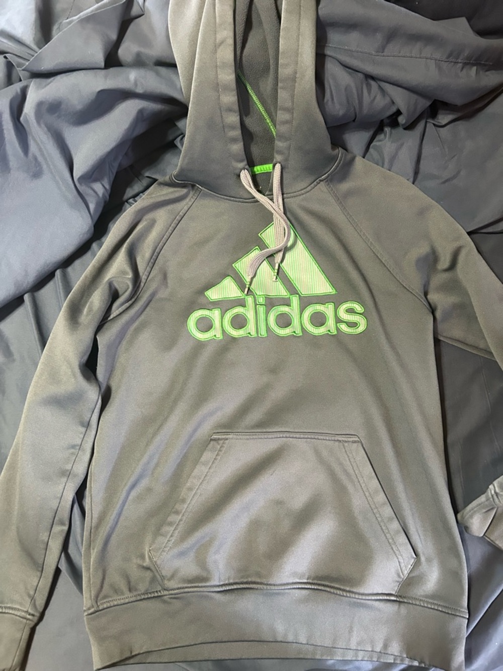 adidas Kids Olive Gray Hoodie with Neon Green Logo